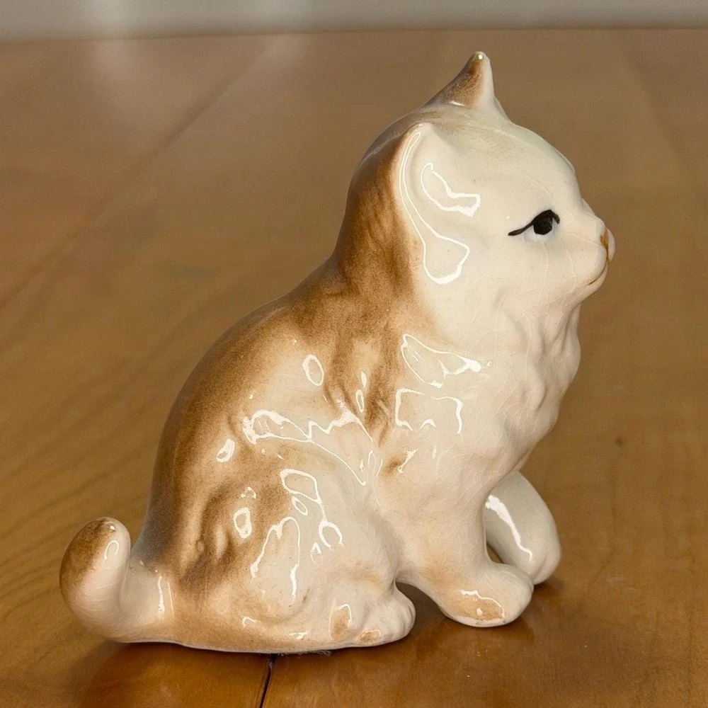 Vintage Ceramic Cat Figurine Miniature Persian Longhair Glossy Glaze Brown White